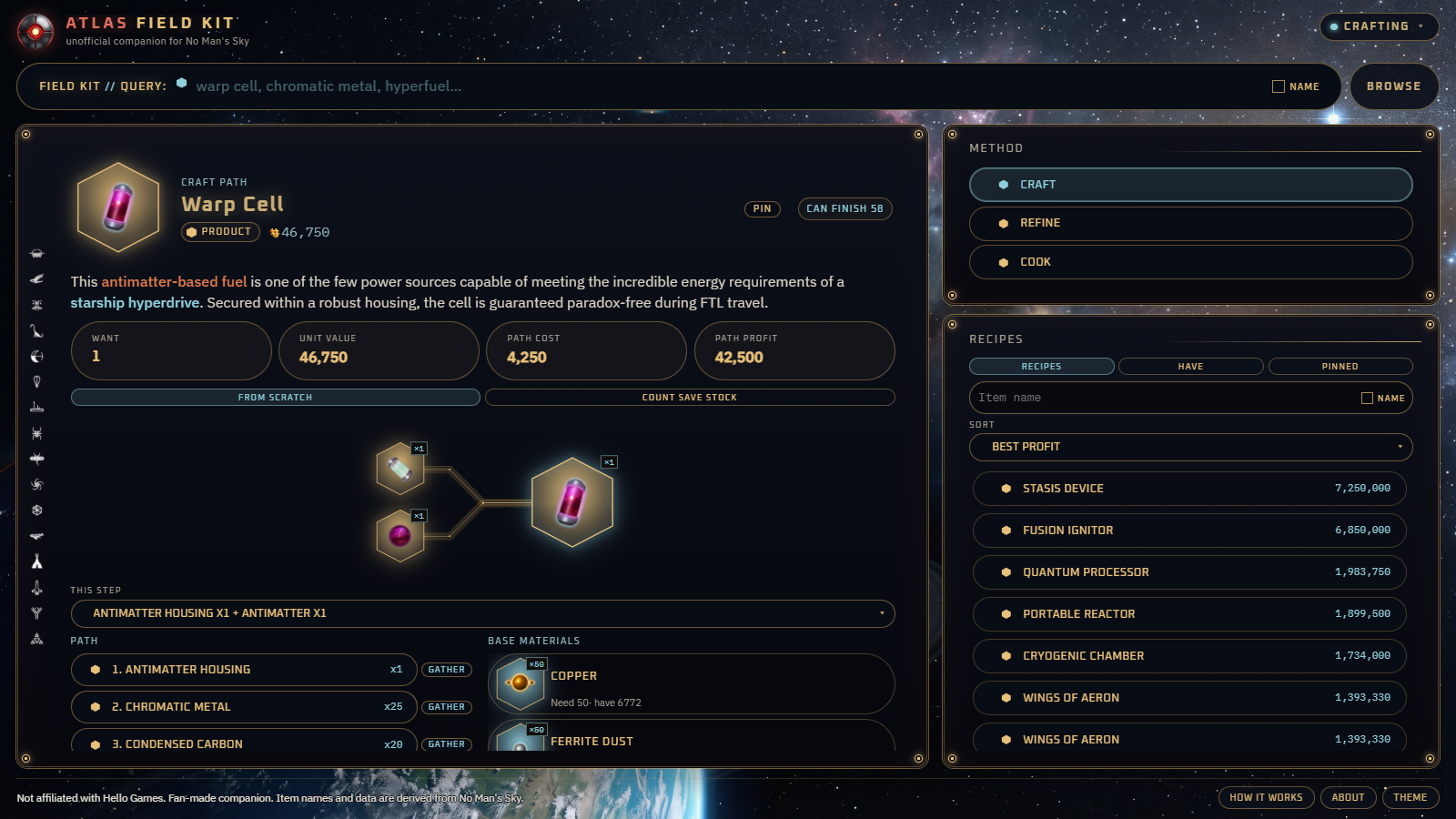 Atlas Field Kit crafting screen, with a Warp Cell expanded into its materials