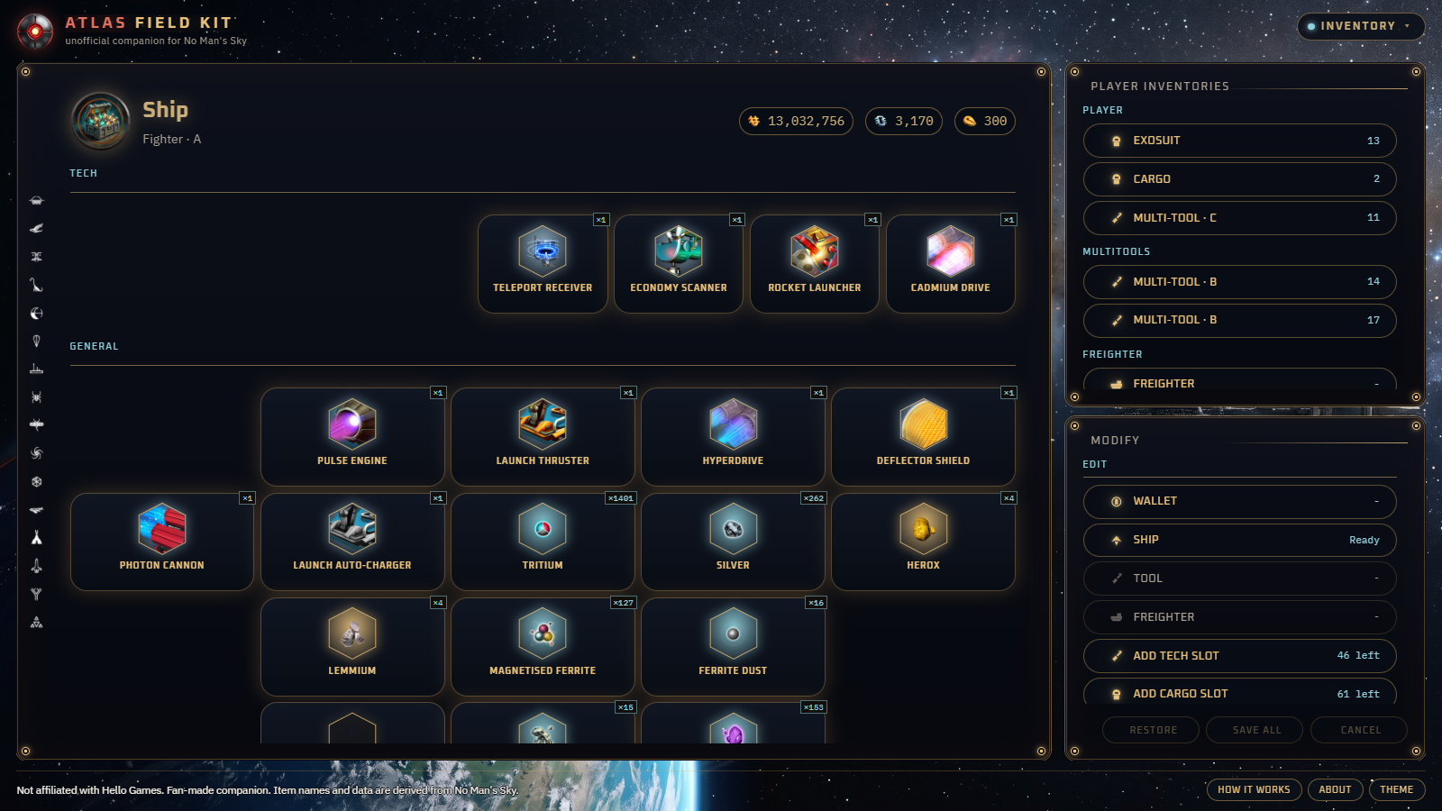 Atlas Field Kit inventory screen for a starship, with technology slots and cargo